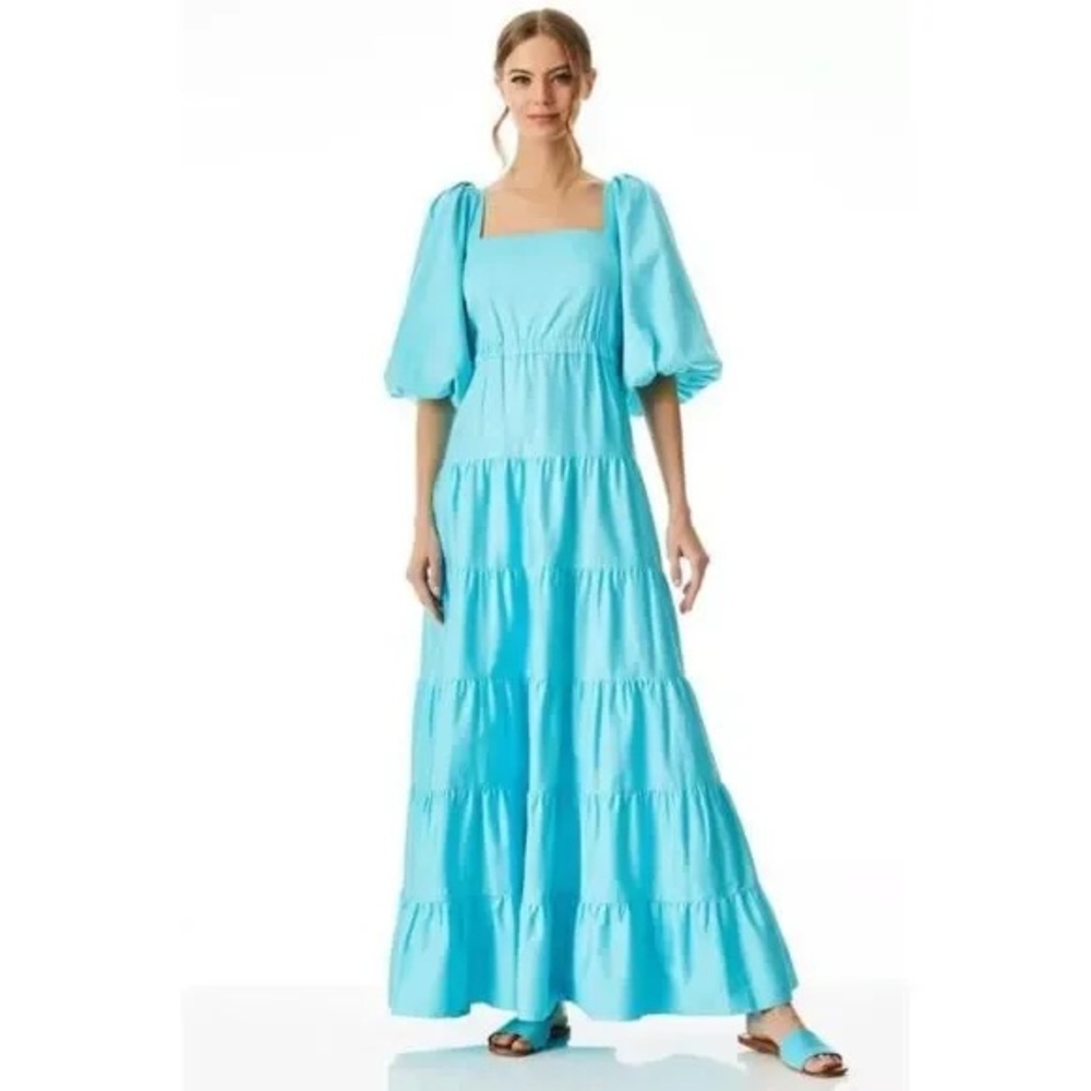 NWT ALICE + OLIVIA Shayla Tiered Gathered Cotton-blend Maxi Dress - Picture 4 of 15